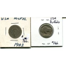 1903 US 5 cents + buffalo nickel