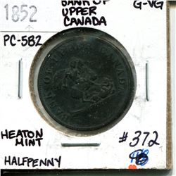 1852 1/2 penny Bank of Upper Canada Heaton mint