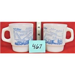 Pair (2) Fire King Cb'er white coffee cups / Blue lithos