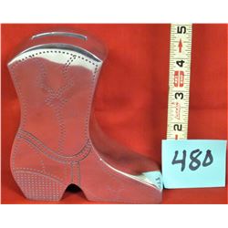 Ornate 5" cowboy boot bank silver plated "Bombay Duck" London