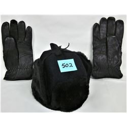 New size 7 faux fur winter hat/ear flaps & pair new size XL leather lined gloves