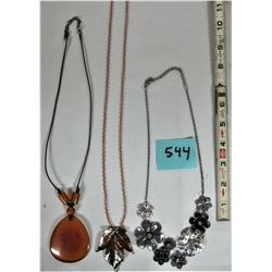 3 necklaces 24" copper chain with metal leaf pendant, 16" Multi silver color floral with rhinestone 