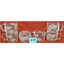 6 piece set Nestle world globe clear glass/frosted continents, 4 coffee cups, creamer, sugar bowl wi