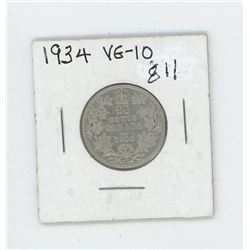 1934 Canada 25 Cent Coin VG-10