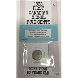 1922 First Year Of Issue For Nickel Five Cents