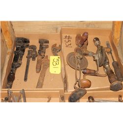 Old Pipe Wrenches & Hand Drills (2 Boxes)