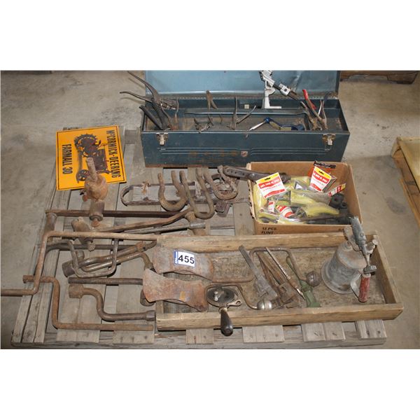 TOOL BOX C/W DRILL BIT SHARPENER; SAW RAKE; TOOTH PLIERS;