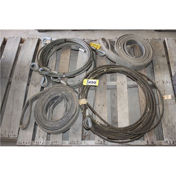 WIRE ROPE SLINGS;  3 APPROX. 25’ X  1/2" DIA; 1 APPROX. 60’ X 1/2' DIA; (2) TOW STRAPS