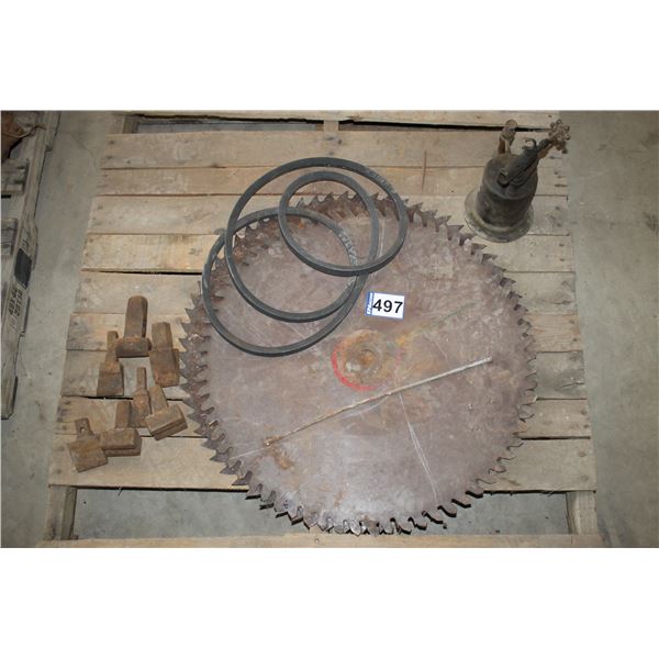 (2) - 26" SAW BLADES; ANTIQUE TORCH; ANVIL ACCESSORIES