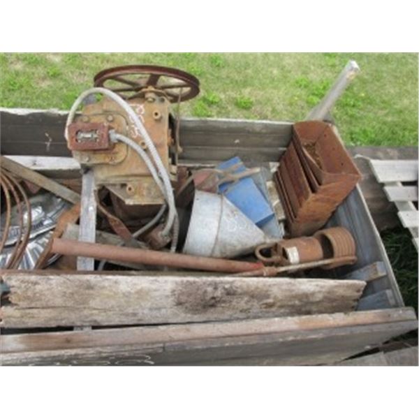 ANTIQUE "TIGER" TORCH; JACK ALL JACK; FUNNELS; HAND SAW; ELEVATOR CUPS