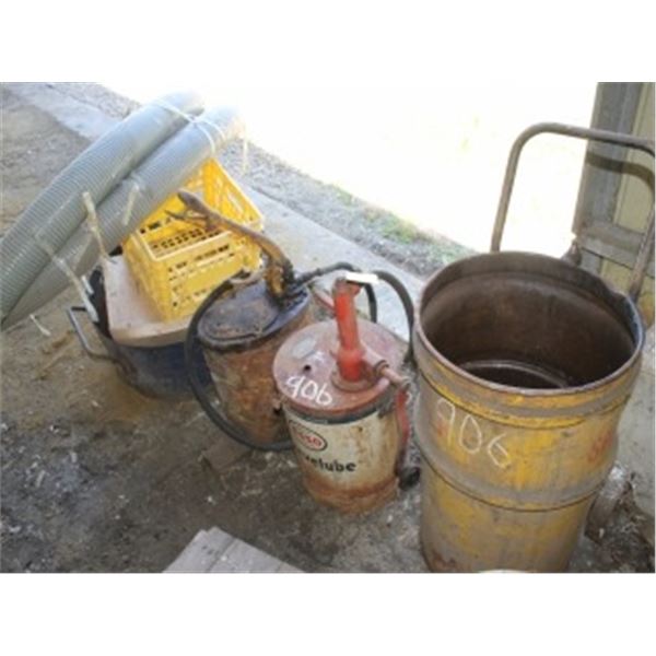 OLD GREASE CAN; OIL PUMP; GARBAGE CAN