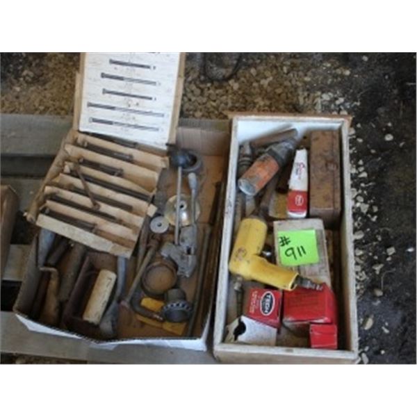 2 BOXES OF MISC TOOLS; STUD INSTALLER