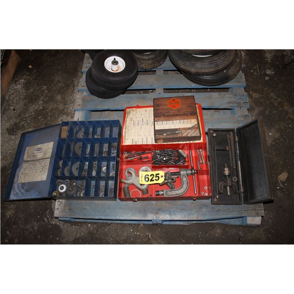 Assorted Valve Seat Grinding Discs, Steering Wheel Puller Kit, King Pin Press