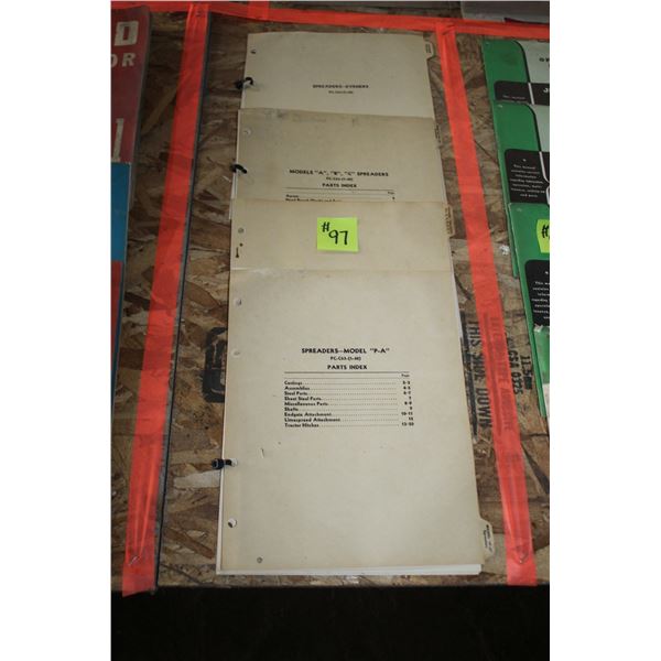 J.D. MODEL A-B-C-P-A, SPREADER. TRAILER #'S 10, 15, 20, 25, 50, 16 PARTS BOOKS