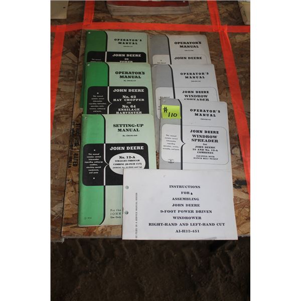 J.D. POWER MOWER, 40, M-MT TRACTORS, HAY CHOPPER, TIRE PUMP, COMBINES, OPERATORS MANUALS