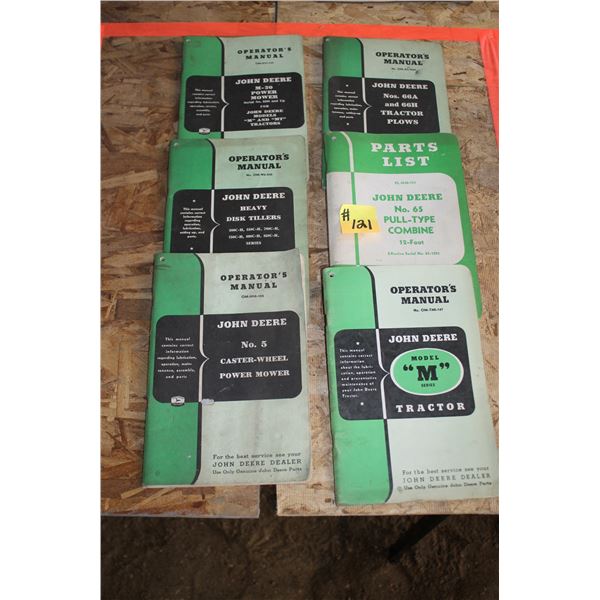 J.D. MODEL M, 65 PULL TYPE COMBINE, M-20 MOWER, DISC TILLER, POWER MOWER OPERATOR MANUALS