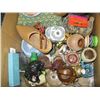 Image 2 : 4 BOXES OF MISC. SMALL COLLECTABLES, POTTERY MUGS, PLATES, GLASSES, ETC.