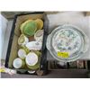 Image 1 : BOX OF MISC. BELLEEK CREAM & SUGAR, CHINA, CERAMIC LIDDED DISH, ETC.