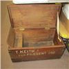 Image 2 : WOODEN BOX WITH LOCKING MECHANISM, NO KEY, WITH ORIGINAL HARDWARE, NAME T. KEITH ON IT, NELSON, BC
