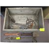 Image 1 : WOODEN BOX WITH ASST. TOOLS, DRILL, NAIL PULLERS, ETC.