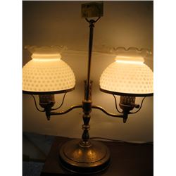 DOUBLE ELECTRIC WHITE SHADED BRASS LAMP