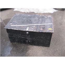 BLACK STORAGE BOX WITH SMALL 4 WHEEL CART & SAW, NEEDS HINGES