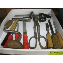 MISC. HAND DRILLS, CHISELS, TIN SNIPS, ETC.