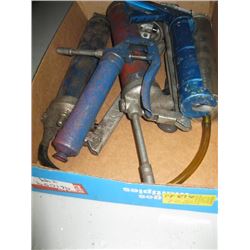 BOX OF MISC. GREASE GUNS, CAULKING GUN, ETC.