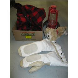 PAIR OF MITTS, OIL LANTERN, PLAID JACKET, ETC.