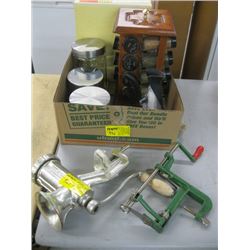 MEAT GRINDER, APPLE PEELER/CORER, SPICE RACK, ETC.