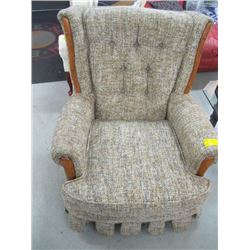 TWEED PATTERNED SWIVEL CHAIR WITH WOOD ACCENTS