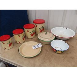 Retro Cannisters - Set of 4 w Apple Design, & 4 Pc Enamelware