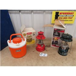 Coleman Water Cooler Mdl 5547 w Box, 1965 Camper Mdl 1 Lantern (No Glass), Coleman Lantern w Box