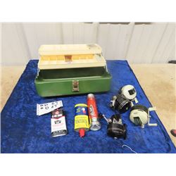 Metal Fishing Tackle Box, w Some Tackle & 4 Reels