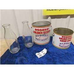 2 Rodgers Honey Tins, & 2 Milk Bottles