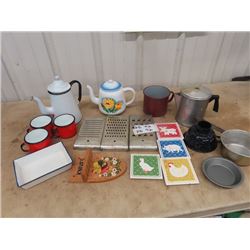 Enamelware, 2 Kettles, Alum Kettle, Wonder Shredder, Trivits, Plus More!