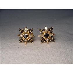 Estate 24K 22K YG Sapphire Seed Pearl Earrings #1460350
