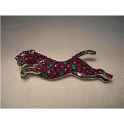Estate 14K WG Ruby Emerald Panther Brooch Pin #1460377