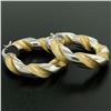 Image 1 : Italian 18K Two Tone Gold 27mm Textured Twisted Drill Bit Pattern Hoop Earrings