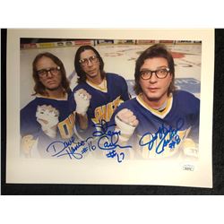 SLAP SHOT'S HANSON BROTHERS TRIPLE SIGNED 8X10 PHOTO (JSA WITNESSED)