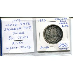 1953 Large Date Shoulder Fold Silver 50 cents. AU-50. Nicely Toned.