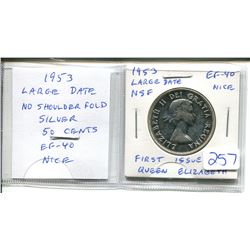 1953 Large Date No Shoulder Fold Silver 50 cents. EF-40. Nice.