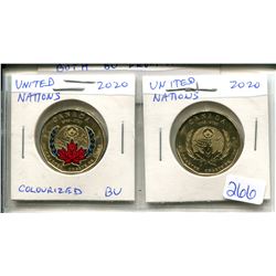 Lot of 2 2020 United Nations Toonies. Includes colourized and regular. Both BU from a roll.