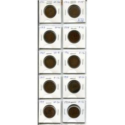 Complete set of 10 Canadian George V Large Cents: 1911, 1912, 1913, 1914, 1915, 1916, 1917, 1918, 19