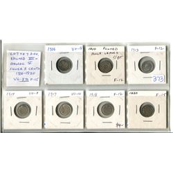 Lot of 7 different Edward VII and George V Canadian Silver 5 Cents: 1906, 1910 Pointed Leaves with C