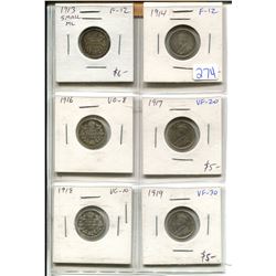 Lot of 6 different George V Silver 10 cents: 1913 Small Maple Leaves, 1914, 1916, 1917, 1918, 1919. 