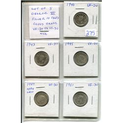 Lot of 5 different George VI Silver 10 cents: 1940, 1943, 1945, 1947 Maple Leaf, & 1951. Coins grade