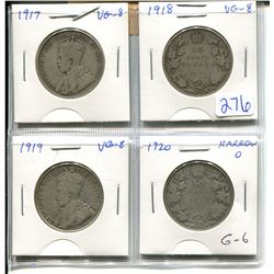 Lot of 4 different George V Silver 50 cents: 1917, 1918, 1919, 1920 Narrow 0. Coins grade G-6 to VG-
