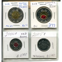 Lot of 4 different World War I & II Canadian Commemorative coins: 2016 Battle of the Atlantic Toonie
