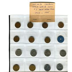 Lot of 15 Canadian World War II Coins & 1 Meat Ration Token. Includes small cents (1939-1945) and ni